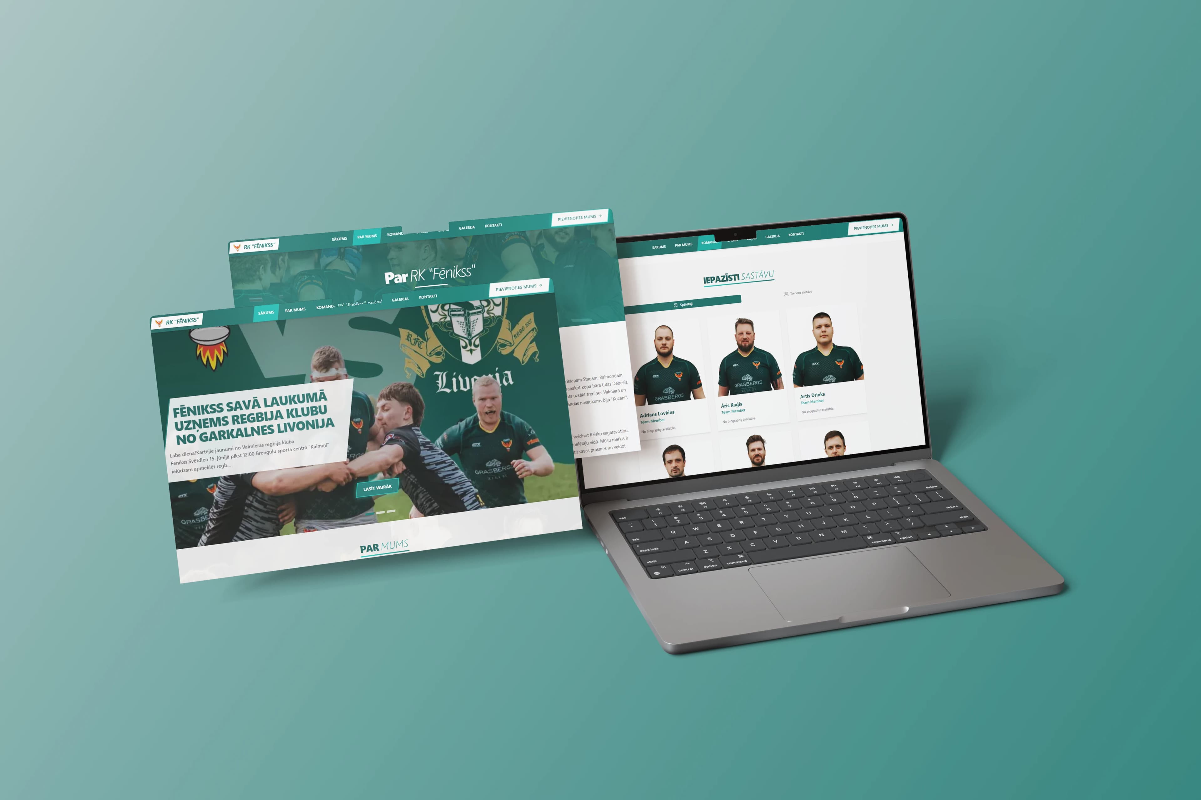 RK Feniks Rugby Club website desktop view showing green branding and professional layout