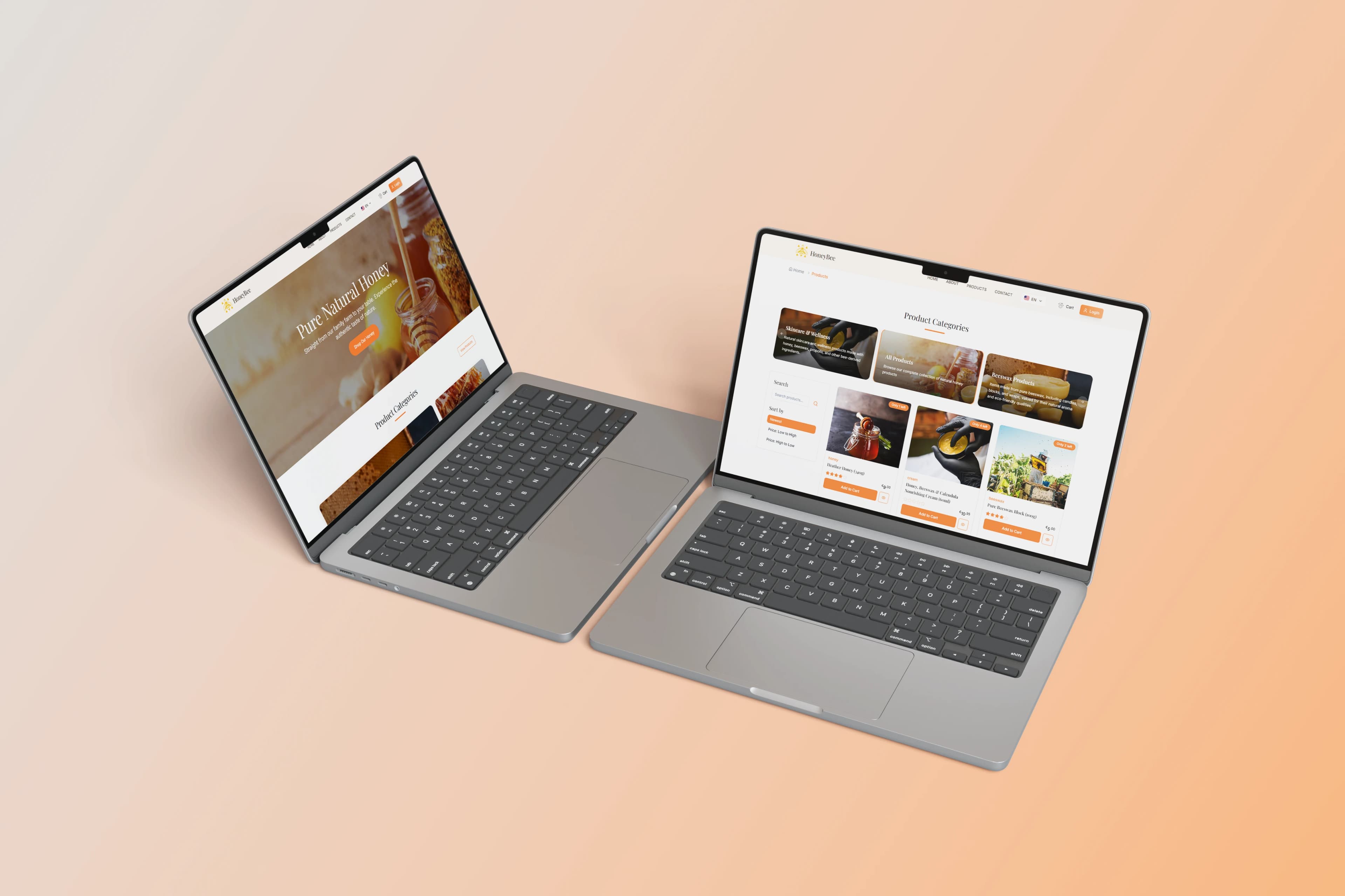 HoneyBee e-commerce website desktop view showing honey product catalog and elegant golden branding
