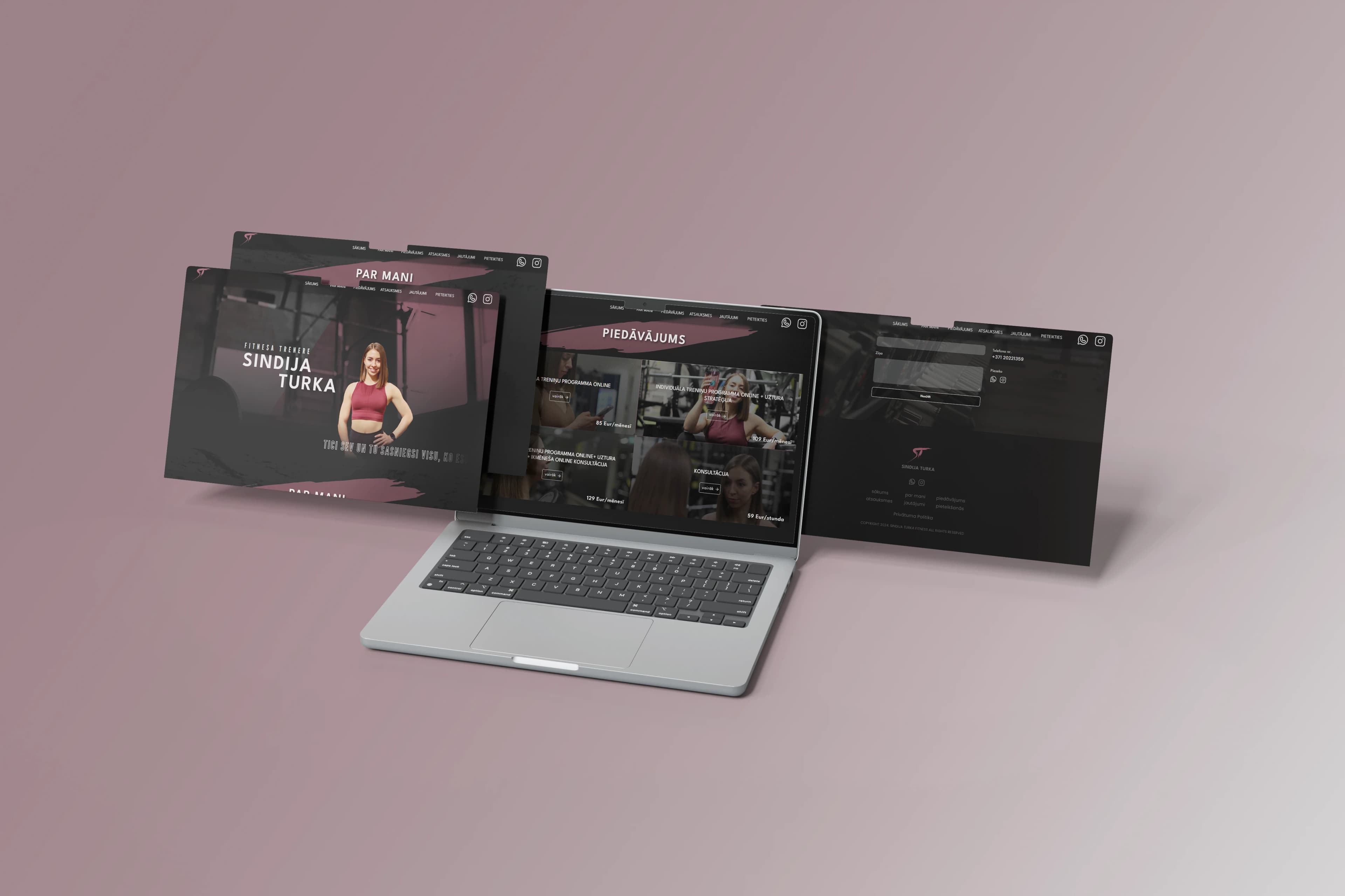 Sindija Turka fitness trainer website desktop view showing bold fitness branding and professional layout